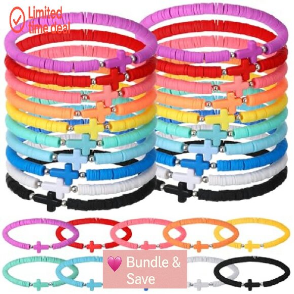 30-Pack Cross Bracelets, Polymer Clay Beads, Elastic Fit, Religious Wristbands - Picture 2 of 8